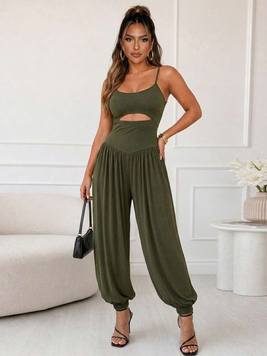 Women Spaghetti Strap Midriff Cutout Jumpsuit High Waist Gathered Harem Pant Romper Elastic Ankle Cuff Relaxed Fit Casual Daily Street Party Outfit - Army Green - View 1