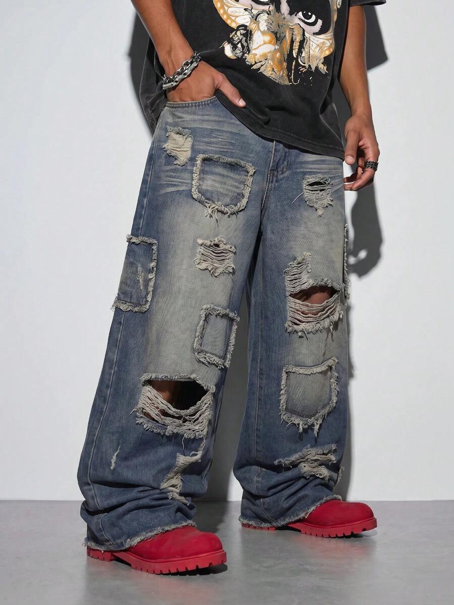 Modcrash Japanese Street Art Spliced Men Jeans, Retro Ripped Wide Leg Pants, Loose Casual All Season Wear (No Belt & Accessories) Fall/Autumn/Winter - Blue - View 1
