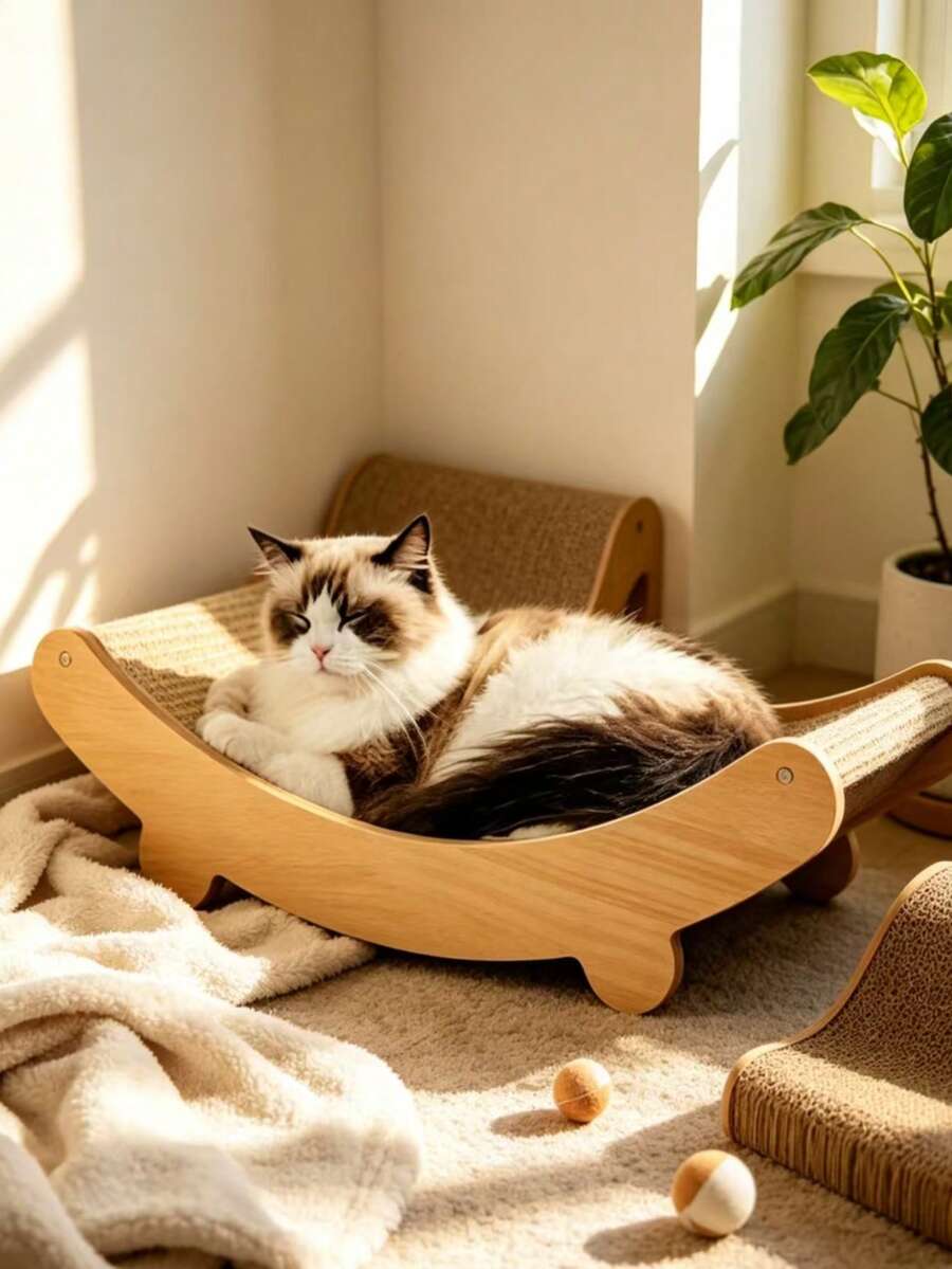 Wooden Cat Bed Curved Pet Lounge Chair All-Season Cat Nest - Upgraded Version - View 1