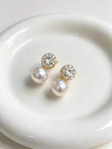 1pair Fashionable Simple & Personalized Design Delicate & Gorgeous White Crystal & Faux Pearl Stud Earrings For Women Jewelry - Multicolor - View 4