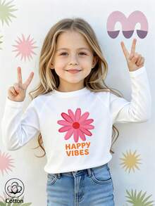 Girls Cotton Raglan Long Sleeve T-Shirt For Fall Winter, Pink Floral Print And Orange 'HAPPY VIBES' Graphic, Cute Sweet Preppy Style - White - View 2