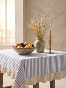 1pc Fresh Blue Striped Ruffle Edge Tablecloth, American Country Style Simple Decorative Dining Table Cloth, Rectangular Coffee Table TV Cabinet Entryway Multi-Functional Cover, Suitable For Holiday Party Birthday Party Wedding Dinner Table Decoration Room Decoration Office Desk Coffee Table Mat Outdoor Picnic Mat Home Decor Room Decoration All Season - Navy Blue - View 5