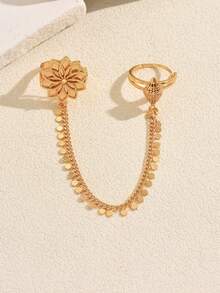 1pc Arabic Vintage Multi-Layer Petal Floral Embossed Bell Dangle Tassel Chain Finger Ring, Women's Wedding Evening Party Celebration Accessory - Yellow Gold - View 8