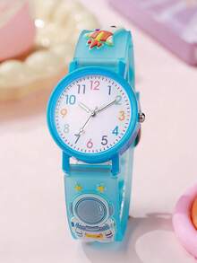 4pcs/Set Space Astronaut Children's Quartz Watch, Cartoon Silicone Strap, Elementary School Boys Fun Time Cognition Wristwatch Gift. Holiday Gift, Birthday Gift, Christmas Gift And Other Accessories - White - View 3