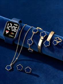 7PCS Cute Blue Silicone Square LED Electronic Watch And Alloy Five-Leaf Clover Floral Necklace Bracelet Ring Earrings Set, Gift For Kids - Blue - View 1