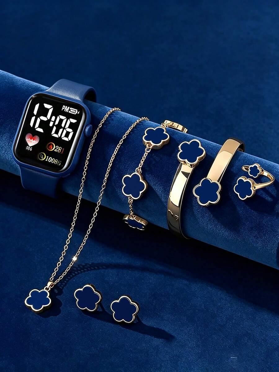 7PCS Cute Blue Silicone Square LED Electronic Watch And Alloy Five-Leaf Clover Floral Necklace Bracelet Ring Earrings Set, Gift For Kids - Blue - View 1