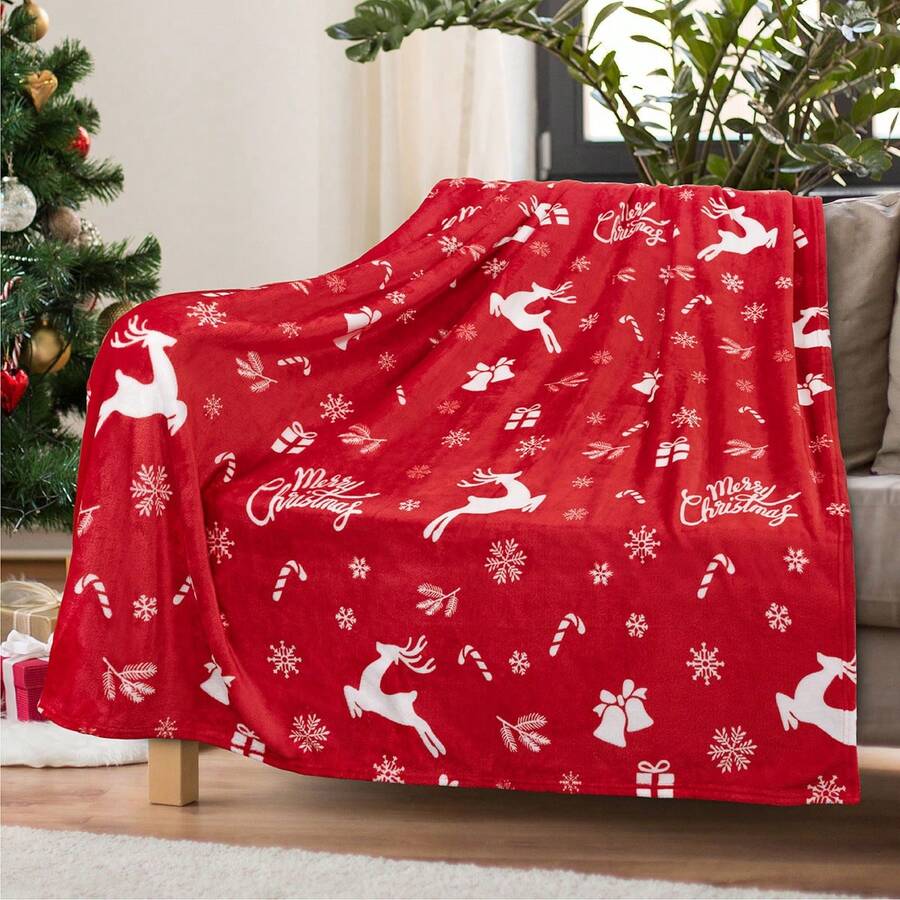 Soft & Comfortable 1pc Christmas Red Deer Snowflake Modern Flannel Blanket - Polyester Nap Blanket - Digital Print Craft, Suitable For Sofa, Bed, Travel, Office Home Decor - Multicolor - View 1