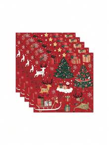 100PCS/Set Christmas Tree Print Napkins, Festive Red Print Napkins With Christmas Tree And Reindeer Pattern, Perfect For Christmas Holiday Party Table Decor, Hotel Table Decor, Restaurant Holiday Party, Home Table Decor, Christmas Oil Painting Style - Multicolor - View 2