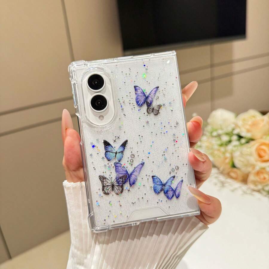 可愛紫色與黑色蝴蝶圖案亮片透明手機殼，適用於 Galaxy Z Fold8 Wide Fold8 背蓋 - 紫黑 - 查看 1