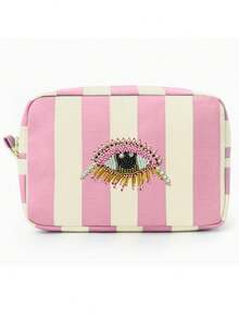 Evil Eye Striped Embroidered Makeup Bag, Bohemian Style Makeup Bag, Portable Makeup Bag, Makeup Storage Bag, Storage Bag, Toiletry Bag, Zipper Closure, Decorative Embroidery, Storage Organization, Large Capacity, Easy To Carry, Daily Storage, Travel And Business Trips - Multicolor - View 12