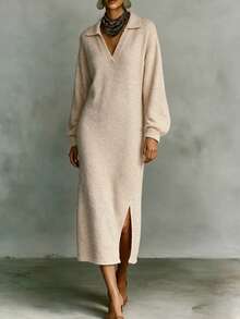 Women's Fall Winter Oatmeal Polo Collar V-Neck Lantern Sleeve Side Slit Fuzzy Knit Midi Dress, Relaxed Fit Elegant Casual Daily Office Commute Wear - Apricot - View 3