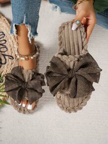 Women's Home Slippers Bow Knot Fashion Fabric Patchwork Casual One-Strap Indoor Autumn Winter Cotton Slippers - Khaki - View 10