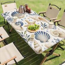 1pc 2D Flat Print Elastic Round Tablecloth - Ocean Waves And Shell Pattern - Elastic Tablecloth - Starfish And Shell Design - Suitable For Kitchen And Dining Room Beach Theme Decor - A - View 8