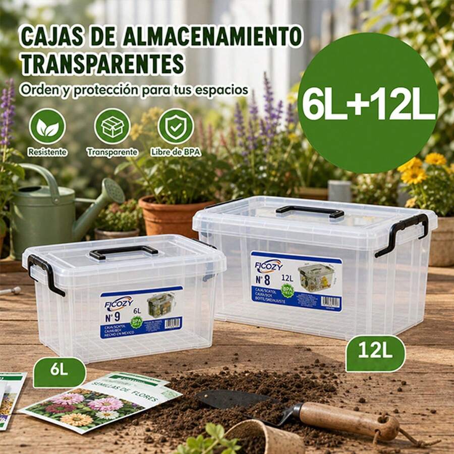 Set de 2 Cajas de Almacenamiento Transparentes de Plástico 6L y 12L, Sin BPA, con Tapa, Asa Superior y Clips de Cierre, Cajas Organizadoras Apilables para Cocina, Oficina, Juguetes, Herramientas, Auto y Almacenamiento en Hogar - 6L+12L - Ver 1