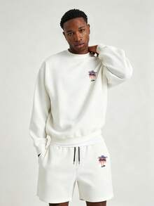 Set Kasual Pria Musim Semi/Gugur Minimalis dengan Motif Gradien Pohon Kelapa dan Huruf, Terdiri dari Sweatshirt Lengan Panjang dan Celana Pendek, Terdiri dari Sweatshirt dan Celana Pendek. - Putih - View 2