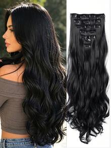 18-30 Inch Long Wavy Clip-In Hair Extensions, 7pcs/Set, Thickened Hair Pieces, Invisible Clip Design, Soft Synthetic Fiber, Black, For Women, Halloween - Black - View 3