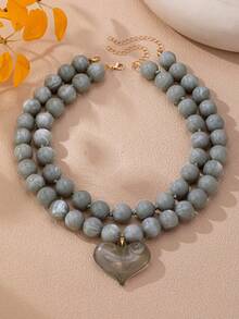 OABE 2pcs/Set Bohemian Style Gray Beaded Layered Necklace With Heart Pendant, Suitable For Women's Daily Wear - Grey - View 3