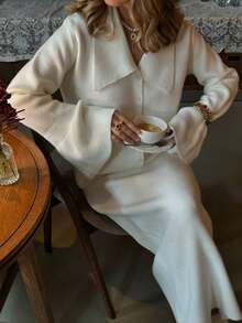 Women's White Knitted Cardigan With Turn-Down Collar And Flared Sleeves, Fashionable Button-Front Regular Fit Top For Autumn - White - View 4