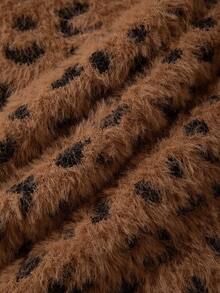 Camel Leopard Fuzzy Half Zip Lapel Collar Long Sleeve Knit Pullover Women Chic Y2K Homecoming Christmas Halloween Back To School Fall Winter - Brown - View 8