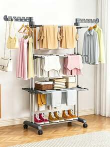 Rolling Clothes Drying Rack, Stainless Steel Foldable Multi‑Layer Laundry Drying Stand With Wheels, Large Capacity Space‑Saving Garment Dryer, For Balcony Bathroom Laundry Room, Ideal For Family Household Daily Drying Use - Multicolor - View 7