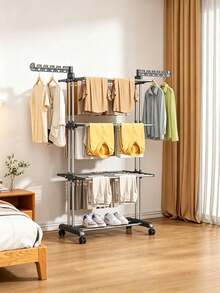 Rolling Clothes Drying Rack, Stainless Steel Foldable Multi‑Layer Laundry Drying Stand With Wheels, Large Capacity Space‑Saving Garment Dryer, For Balcony Bathroom Laundry Room, Ideal For Family Household Daily Drying Use - Multicolor - View 2