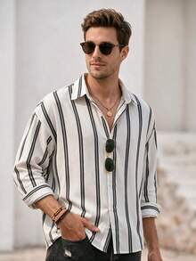 Mercer Haus Men's Striped Long Sleeve Single-Breasted Pocket Loose Casual Shirt, Autumn Style - White - View 1