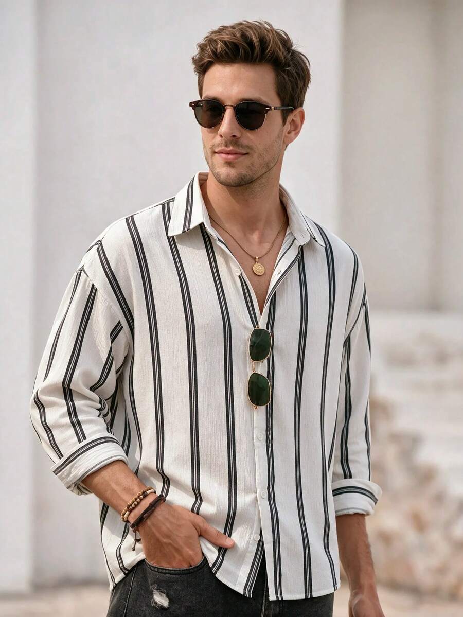 Mercer Haus Men's Striped Long Sleeve Single-Breasted Pocket Loose Casual Shirt, Autumn Style - White - View 1