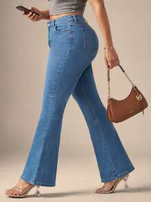 Celana Jeans Denim Washed Model Flare Leg Ukuran Plus untuk Wanita, Cocok untuk Perjalanan, Santai, Liburan, Kencan, dan Acara Lainnya - Biru - View 5