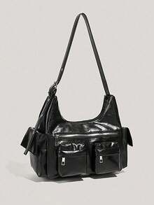 Shoulder Bag With Exquisite Pendant Decoration, Multi-Pocket Partition Design, Zipper Closure For Enhanced Convenience. Casual Style, Underarm Bag Silhouette, Can Be Carried On Shoulder, Balances Storage Capacity, Suitable For Daily Outings, Dates And Other Occasions, Easily Creating A Personalized Outfit Vibe - Black - View 6
