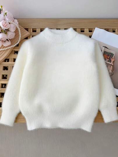 M.Dian xi Autumn/Winter New Young Girl Solid Color Pullover Sweater, Girls Round Neck Thermal Lined Thick Faux Mink Knit Top