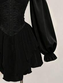 Solid Color Elegant Lace Patchwork Zipper Wedding Women's Black Gothic Lace Dress, Suitable For Halloween, Christmas Party And Witch Theme Cosplay Events - Black - View 6