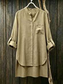 Women's Autumn Khaki Woven Long Sleeve Shirt, Roll-Up Sleeves, Stand Collar, Button Front - Camel - View 2