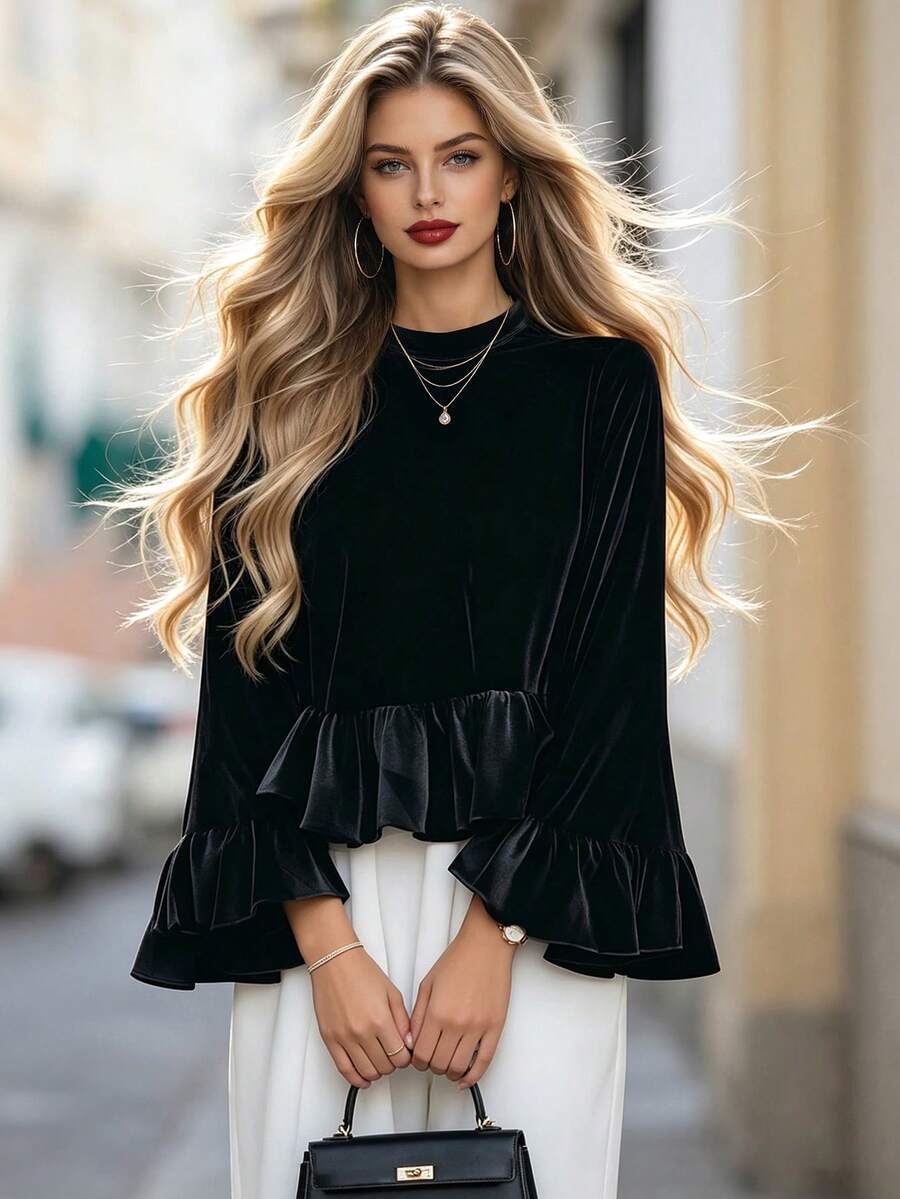 DONICY Women's Black Velvet Round Neck Flare Sleeve Ruffle Hem Blouse, Loose Draped Long Sleeve Top For Fall Daily Wear - Black - View 1