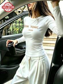 Women's Pure Cotton Long Sleeve Top T-Shirt Casual Tee With Gold 'GIN TONIC MOOD' Print, Crew Neck Slim Fit, Autumn Winter Basic Layering Blouse - White - View 2