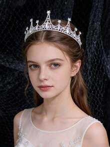 1pc Kids Girls Gorgeous Royal Sparkly Rhinestone Crown Hair Accessory For Birthday Party, Princess Dress-Up, Performance, Theme Park & Photos - Silver - View 4