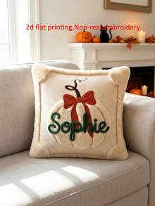 1pc Pumpkin Throw Pillowcase With Custom Name,2D Flat Print Fall Halloween Sofa Decor Accent,Non-Real Embroidery Print,No Pillow Core - Orange - View 9