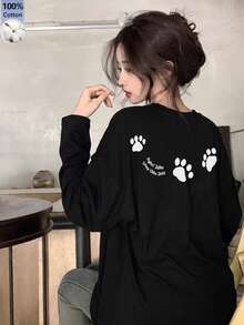 Women's Fashion Autumn/Winter Loose Minimalist Versatile Cat Paw Cartoon Print Long Sleeve T-Shirt - Black - View 2