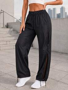 Women's High Waist Drawstring Wide Leg Training Pants With Side Zip Mesh Panels And Adjustable Hems For Gym Workout - Black - View 2