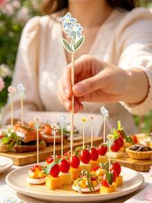 20/50/100pcs Floral Pattern Decorative Bamboo Skewers Set, Long Food Picks For Drinks, Fruits And Appetizers, Wildflower Theme Tabletop Decor, Suitable For Baby Shower, Wedding, Anniversary And Themed Holiday Celebrations - Multicolor - View 5