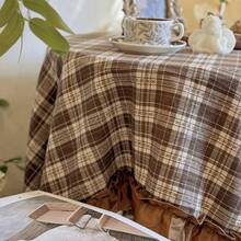 1pc French Vintage Brown Plaid Tablecloth, American Country Style Dining Table Cover, Coffee Shop Decor, Scalloped Edge Tablecloth, Suitable For Wedding, Valentine's Day And Home Decoration - Brown - View 7