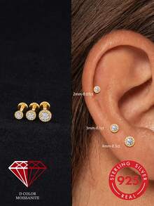 1pc 0.3ct Moissanite 925 Sterling Silver 18K Gold Plated Flat Back Cartilage Spiral Ear Stud Bridal Jewelry Daily Wear Wedding - Silver - View 19