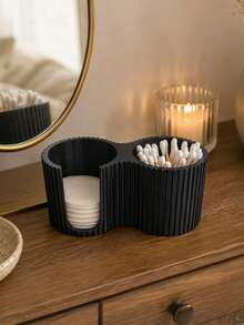 1pc Minimalist Striped Cosmetic Storage Box, Creative Cotton Swab Holder, 2-In-1 Bathroom Cotton Swab Box, Countertop Organizer, Bedroom Vanity High-V Decor, Mother's Day Gift, Modern Cream Style New Home Gift - Multicolor - View 2