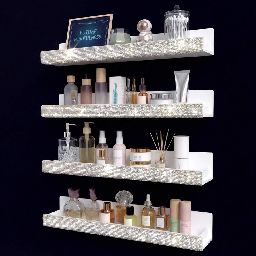 15 Inch Nail Polish Wall Shelf, Diamond Crystal Rhinestone Acrylic Nail Polish Storage Rack, Photo Display Storage Wall Shelf
