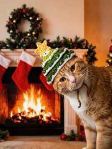 Pet Christmas Tree Hat Knitted Cap Christmas Gift Cat Christmas Hat Santa Claus Dog Collar Decoration Holiday Photo Prop Gift - Green - View 2