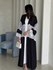 Hafizah Black Contrast Lace Trim Patchwork Long Sleeve Robe For Women, Stand Collar Waist-Cinching Slimming Elegant Long Dress, Formal Occasions Fall - Black - View 3