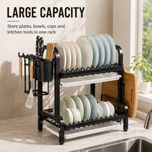Multi-Function Storage 2-Tier Dish Drying Rack Black Kitchen Counter Organizer For Plates Bowls Cups And Utensils, With 2 Drip Trays Utensil Holder, Hanging Hooks And Cutting Board Holder,Kitchen Essentials,Organziers Storage,House Essentials - View 3
