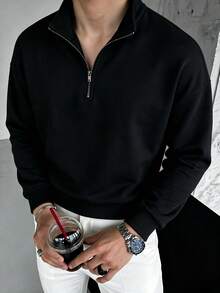 Men's Autumn/Winter Classic Solid Color Half-Zip Polo Collar Sweatshirt, Suitable For Daily Social Wear - Black - View 6