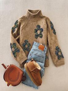 Vintage Women's Bohemian Style Floral Contrast Jacquard Knit Pullover Wool Sweater, Ribbed Details, Long Sleeve Regular Fit, Suitable For Autumn/Winter - Camel - View 2