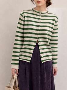 Women's Autumn Casual Minimalist Versatile Striped Cardigan Knit Sweater Jacket - Green - View 5