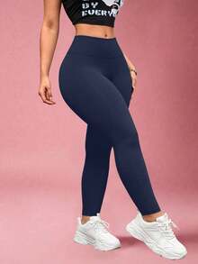 Plus Size Women's High Waist Stretch Slimming Yoga Pants, Gym Yoga Wear, Summer Daily Casual Wear Leggings, Women's Clothing, Women's Leggings - Navy Blue - View 4